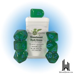 SET OF 7 DICE: TRANSLUCENT DARK GREEN/LIGHT BLUE